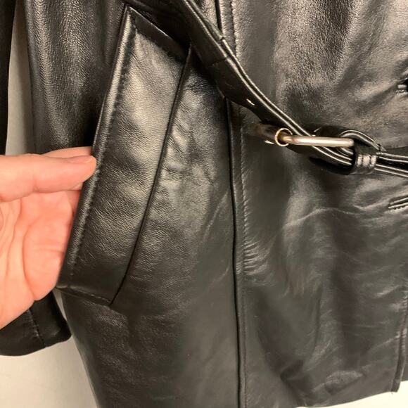 Genuine Leather Trench Belted Jacket Blazer Coat Black Longline Moto Buckle - Picture 10 of 12